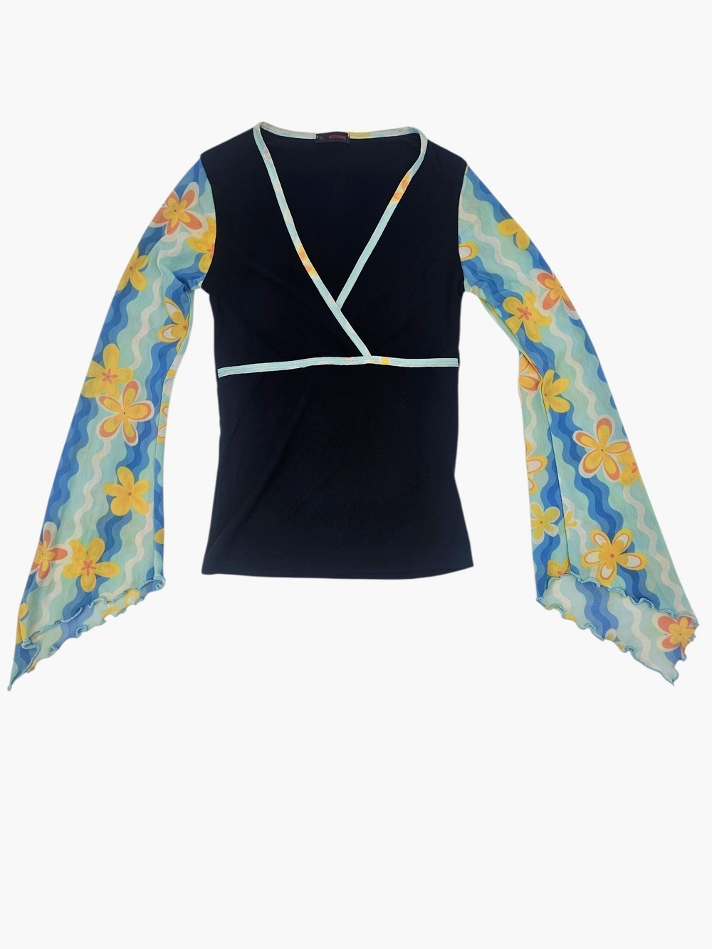 Y2K Groovy Floral Bell Sleeve Wrap-look Top S Retro Mesh Sleeve Fairycore
